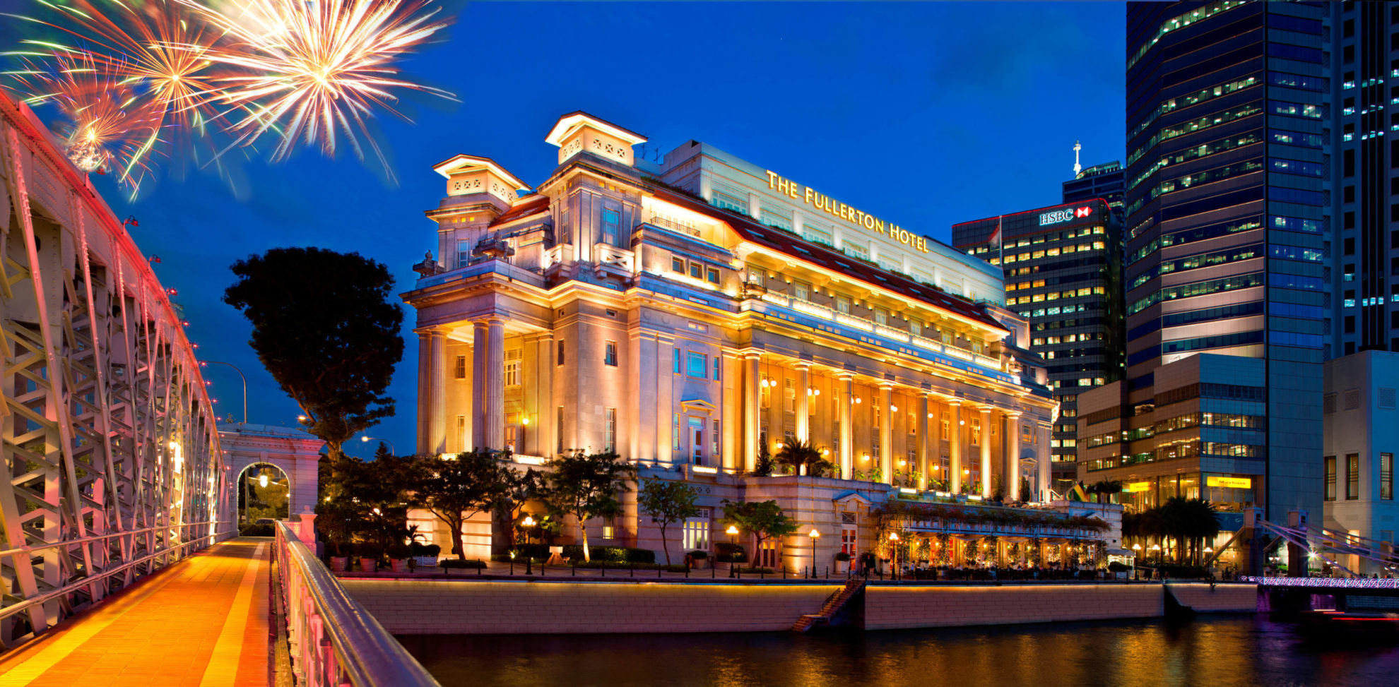 Singapore - 18265 - Fullerton Hotel Singapore facade with fireworks